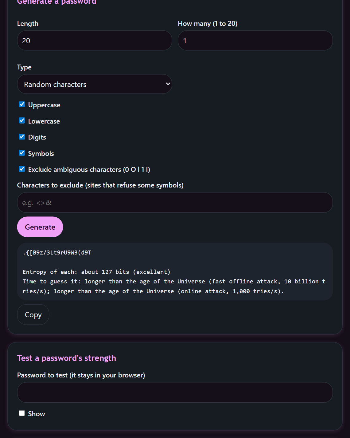 Screenshot of PassForge: generator settings and a generated password with its time to guess