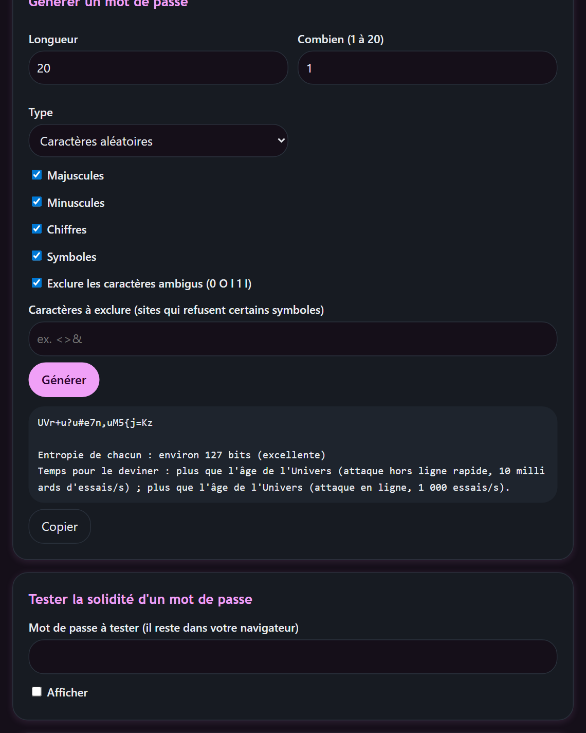Capture de PassForge : réglages du générateur et mot de passe généré avec son temps pour le deviner